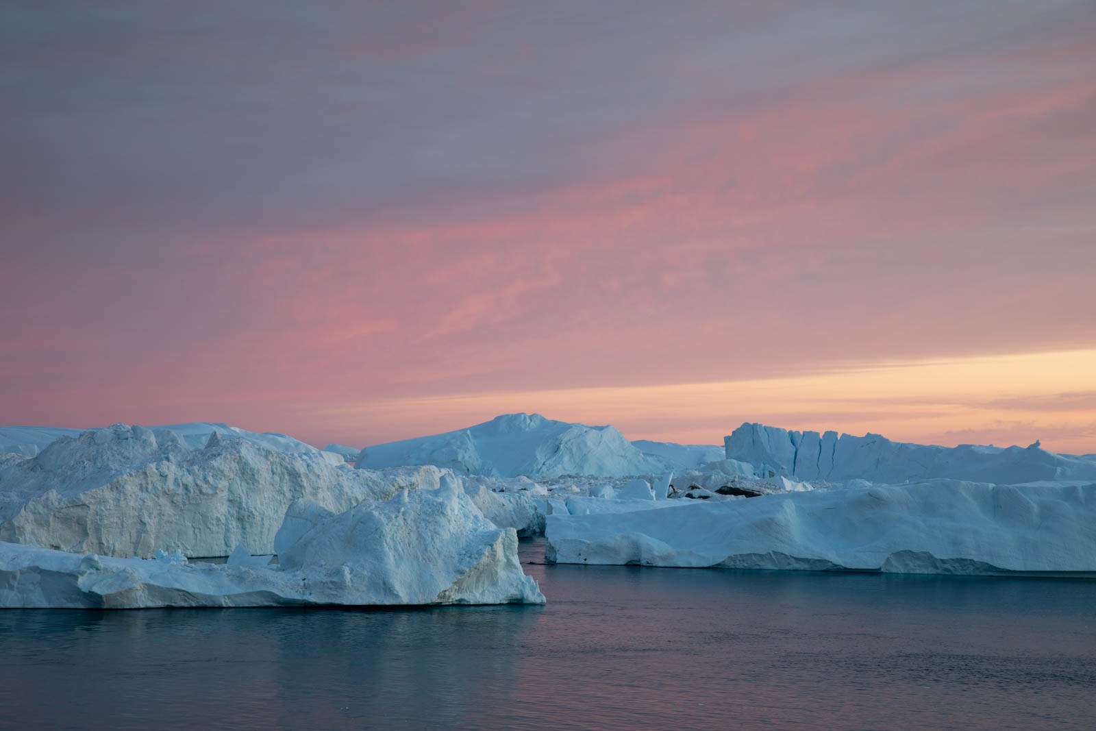 Abendlicht über den Eisbergen, Ilulissat, Grönland